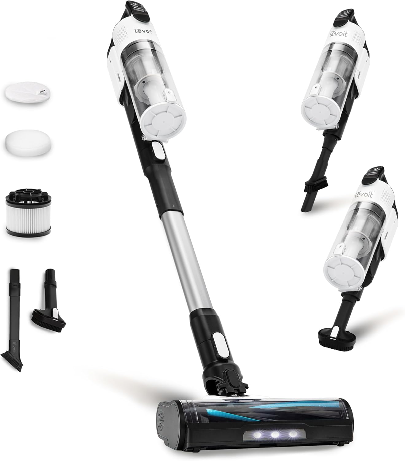 Levoit LVAC-200 Cordless Vacuum with accessories, including filters, attachments, and a motorized brush head with LED lights.