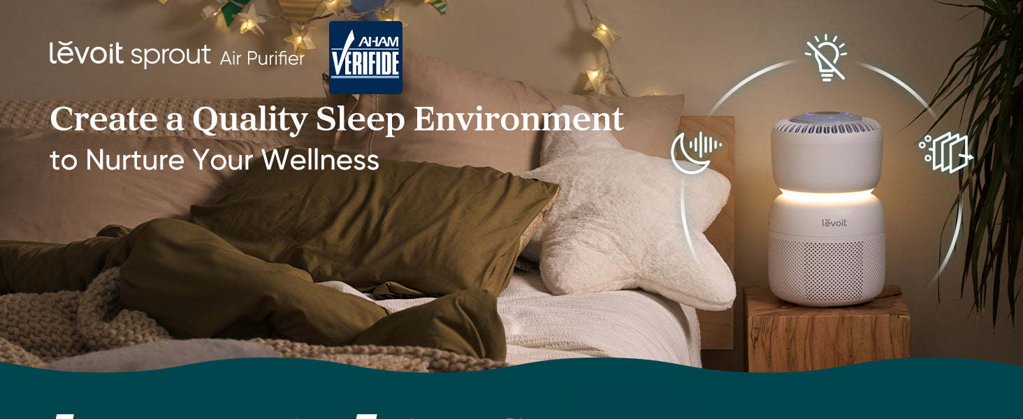 A cozy bedroom scene featuring a Levoit air purifier on a bedside table, surrounded by soft pillows and warm lighting.