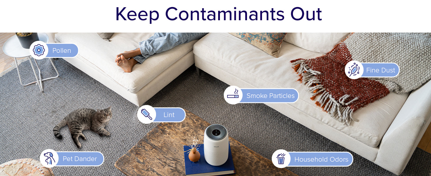 A cozy living room scene featuring a cat, air purifier, and labeled contaminants like pollen, pet dander, and smoke particles.