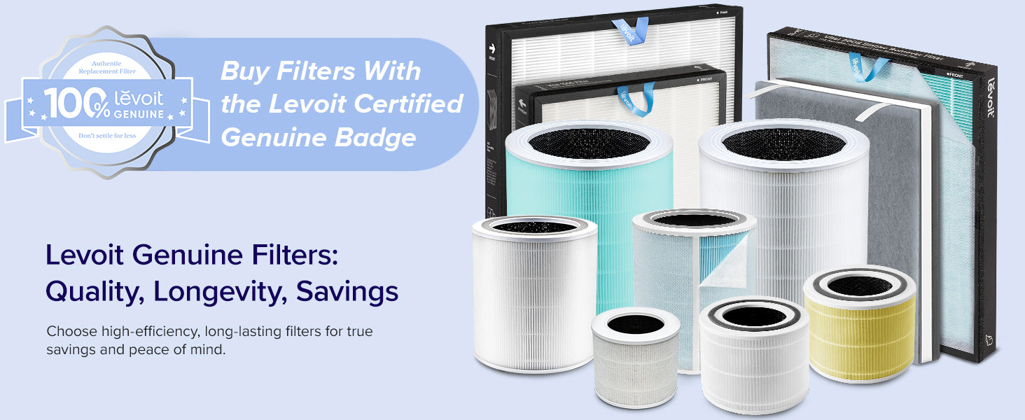 Image features various Levoit air filters, showcasing their designs and a promotional message about genuine filters.