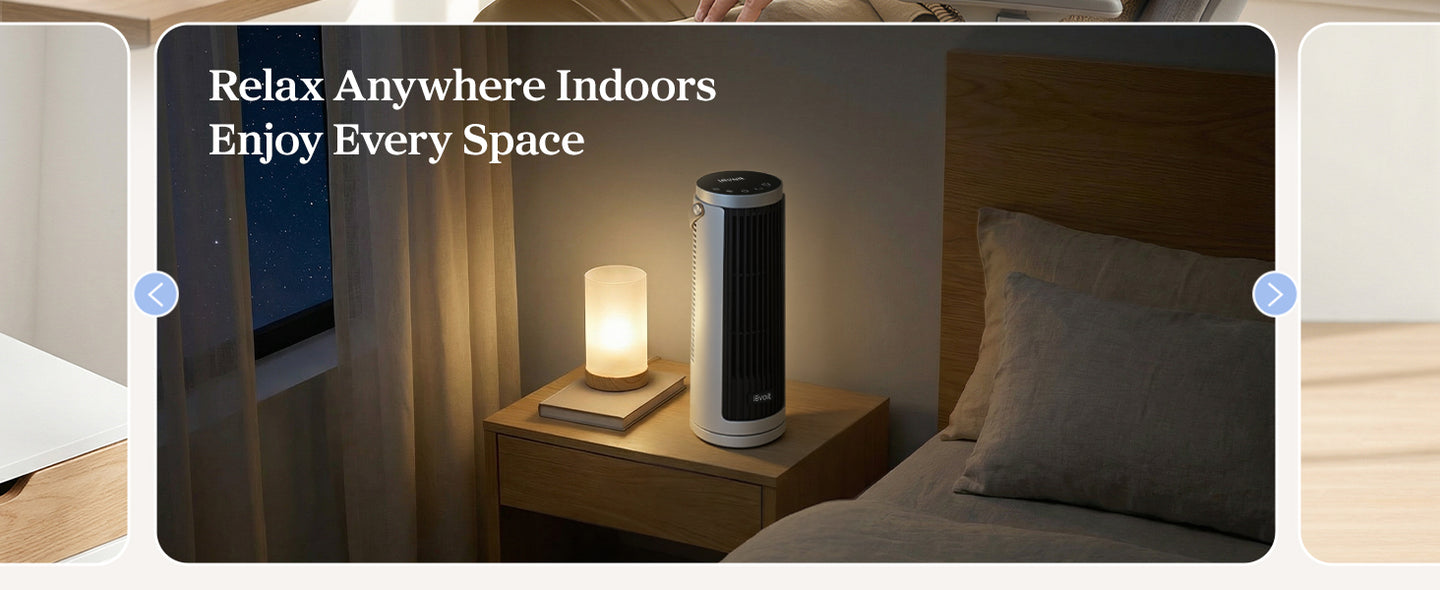 LEVOIT Windi desk fan on bedroom nightstand, bringing quiet, relaxing airflow for any indoor space