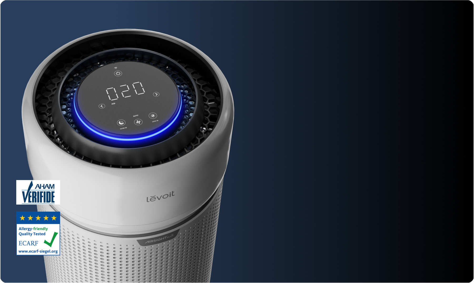 Levoit Eleva 300X air purifier. AHAM Verifide. ECARF Allergy-friendly quality tested.
