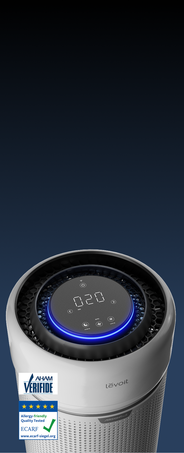 Levoit Eleva 300X air purifier. AHAM Verifide. ECARF Allergy-friendly quality tested.
