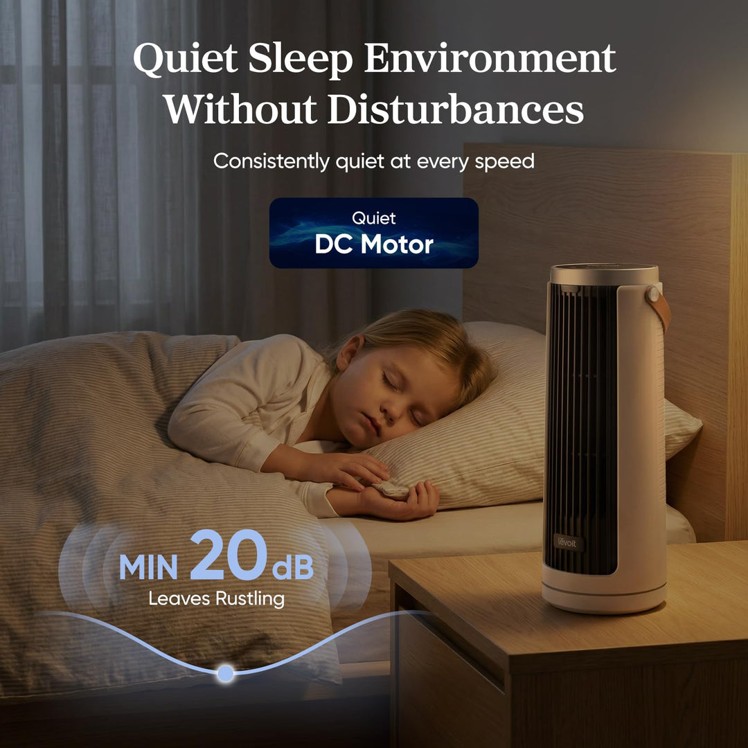LEVOIT desk fan with quiet DC motor, operating at 20dB for undisturbed sleep, ideal for quiet bedroom cooling