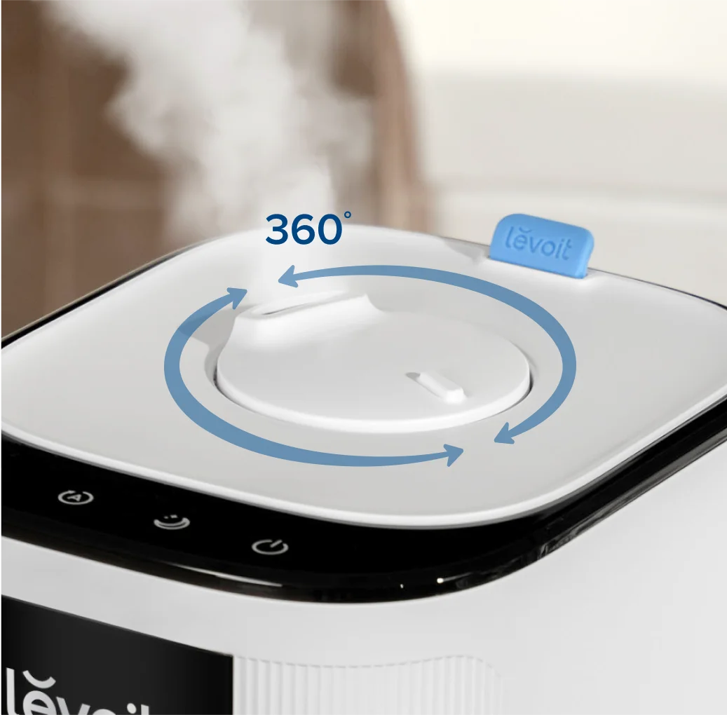 Top view of Levoit OasisMist 1000S with 360-degree mist output, best humidifier for large room for even humidity distribution.