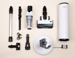 Levoit AERO cordless vacuum parts, accessories, and auto-empty station components arranged flat.