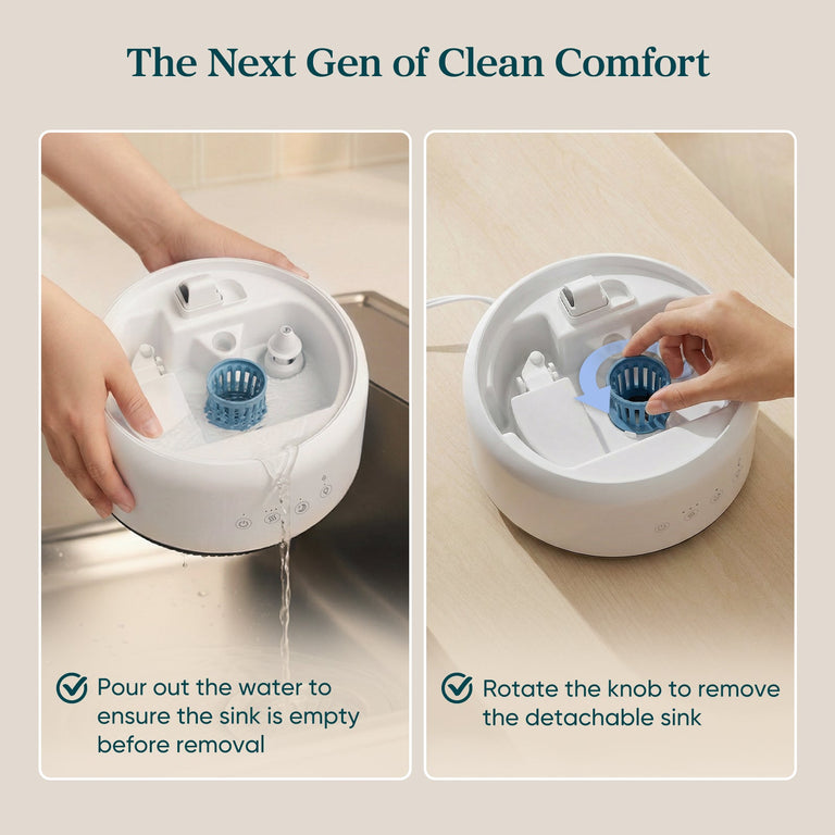 Levoit Neo 450 Humidifier: Easy water drainage & rotating detachable sink design for simple, hygienic cleaning and maintenance.