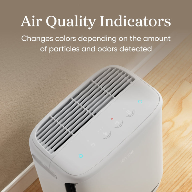 Levoit Vital Pet Pro air purifier with air quality indicators that change colors based on detected particles and odors