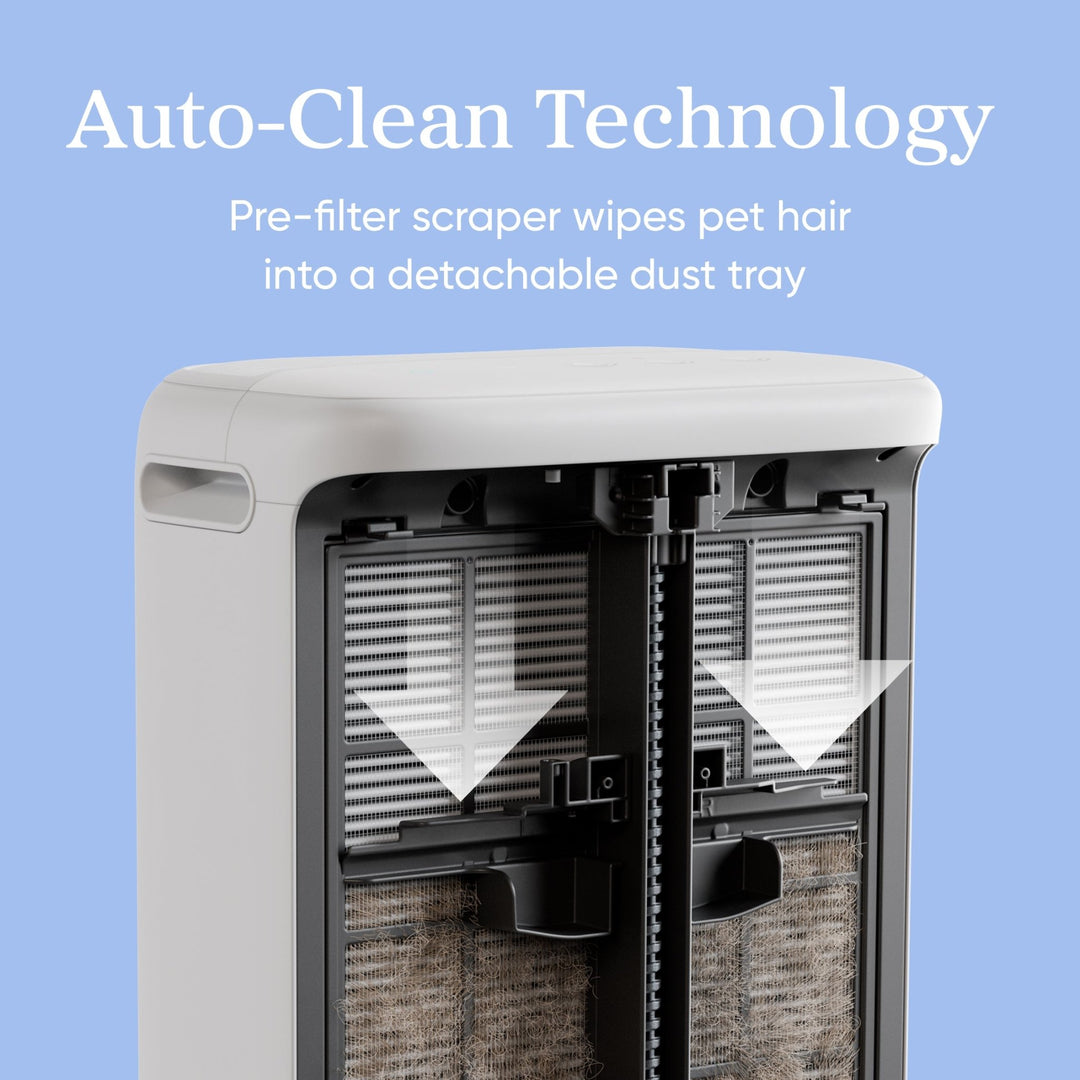 Levoit Vital Pet Pro air purifier with Auto-Clean Technology: pre-filter scraper wipes pet hair into detachable dust tray.
