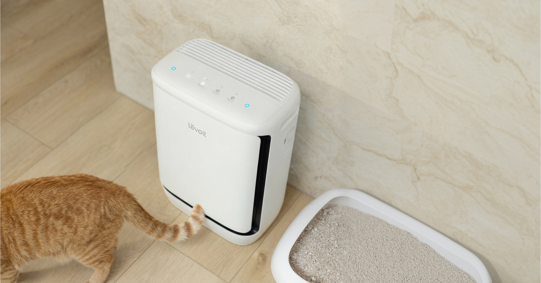 Levoit Vital Pet Pro air purifier next to a cat and litter box