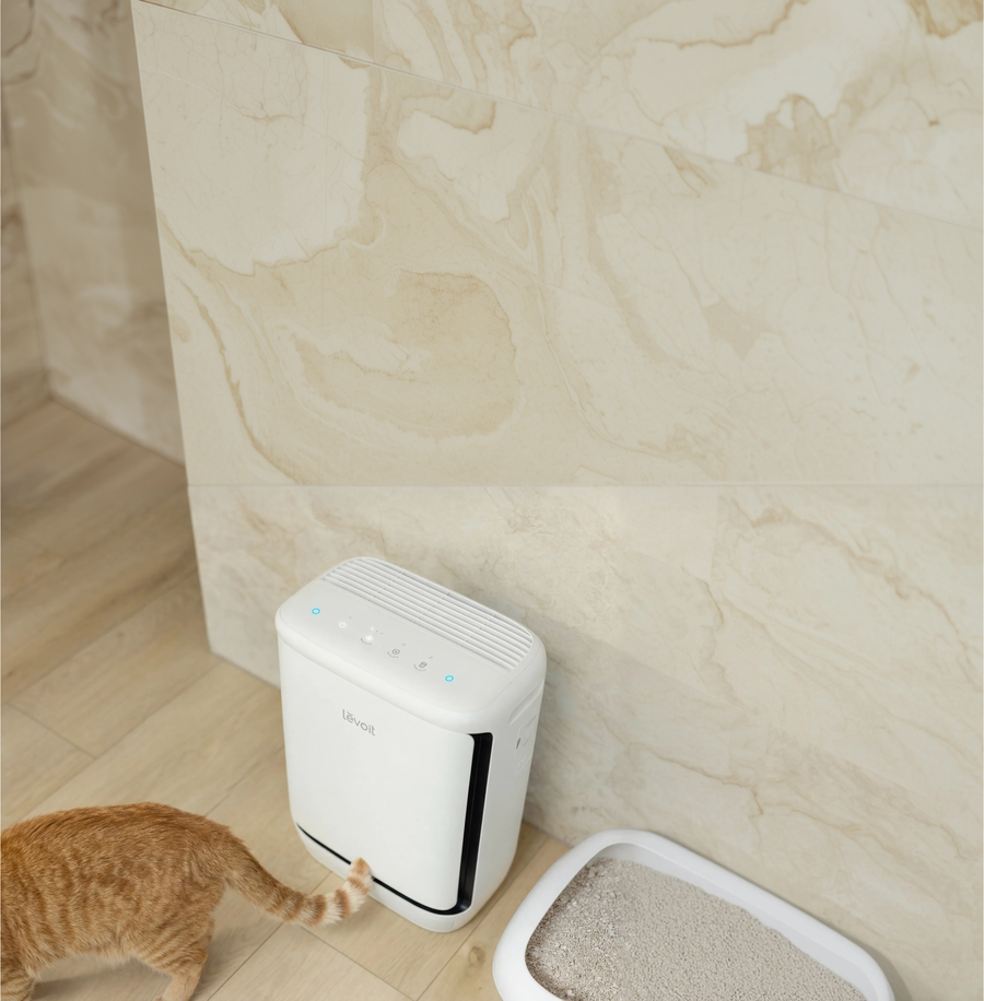 Levoit Vital Pet Pro air purifier next to a cat and litter box