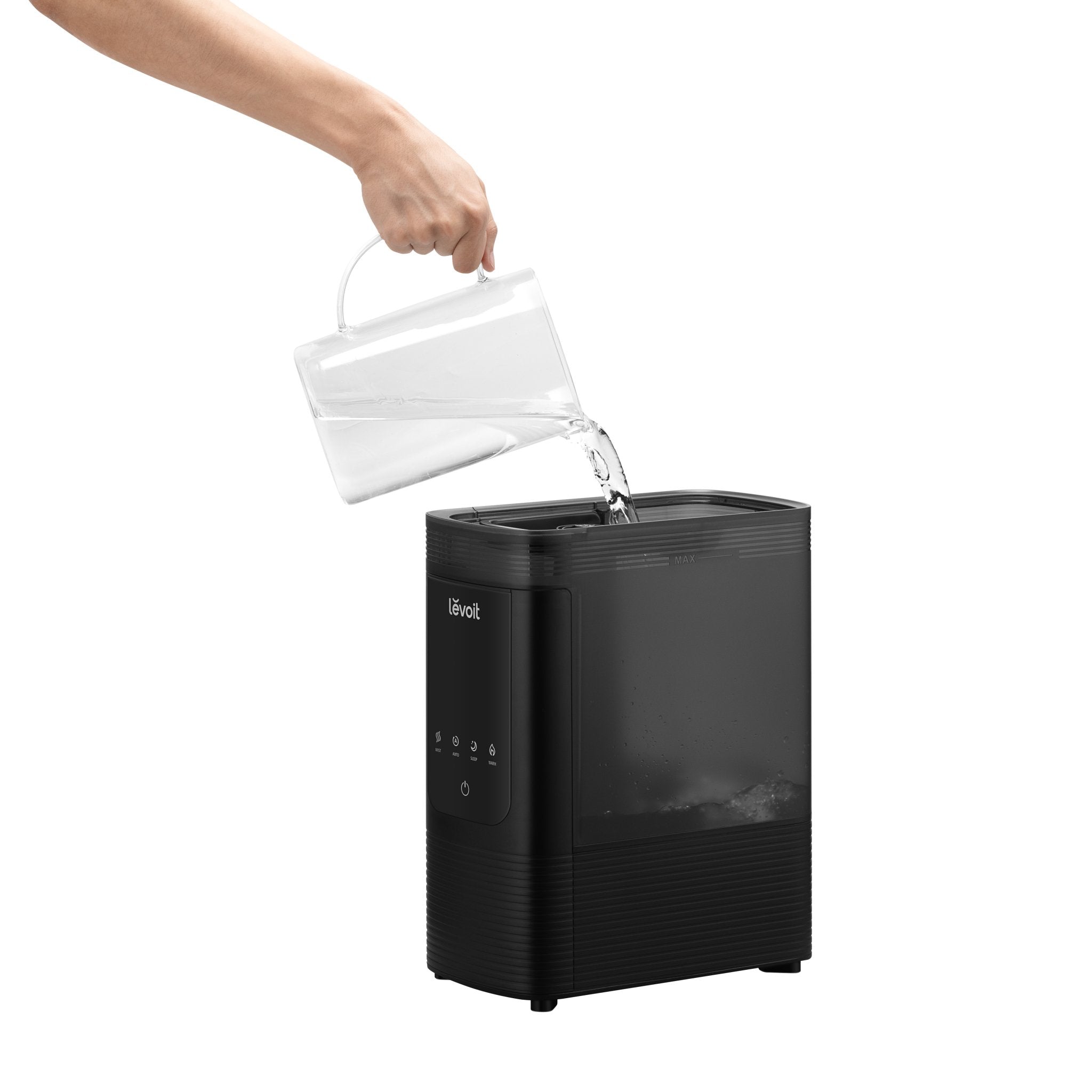 Filling the Levoit OasisMist® 600S Smart Humidifier with water from a clear jug for easy top-fill operation